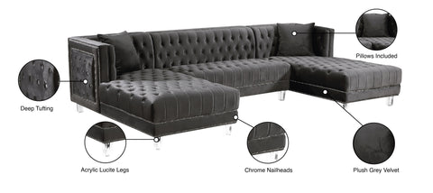 Laurel 127" Grey Velvet Upholstered Sectional, 3-Piece