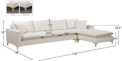 Faye 110" Cream Velvet Upholstered Reversible Sectional