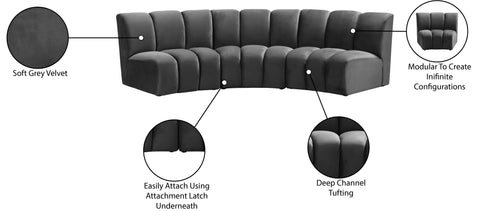 Calais Grey Velvet 3pc. Modular Sectional PC