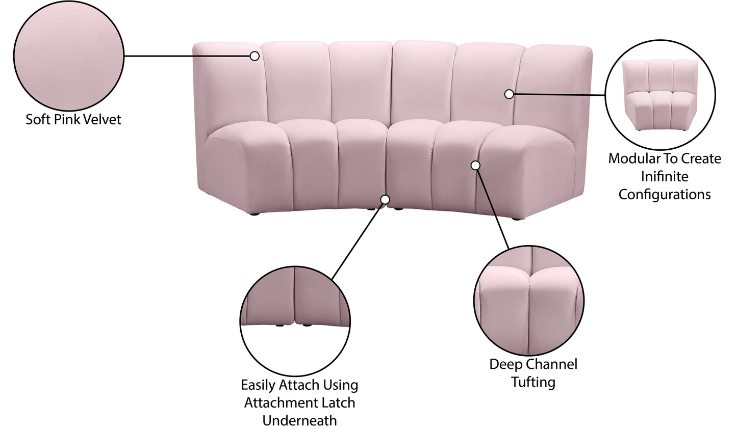 calais pink velvet 2pc. modular sectional pc