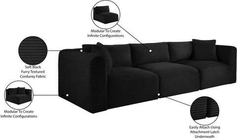 Faye 109" Black Corduroy Performance Fabric Upholstered Sofa, 3-Piece