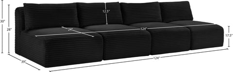 Faye 124" Black Corduroy Performance Fabric Upholstered Armless Sofa, 4-Piece