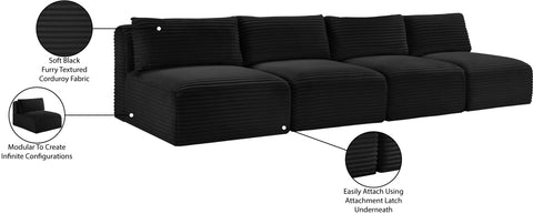Faye 124" Black Corduroy Performance Fabric Upholstered Armless Sofa, 4-Piece