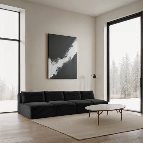 Faye 124" Black Corduroy Performance Fabric Upholstered Armless Sofa, 4-Piece
