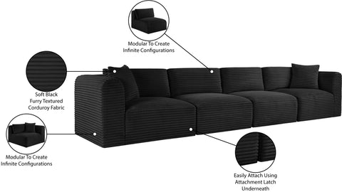 Faye 140" Black Corduroy Performance Fabric Upholstered Sofa, 4-Piece