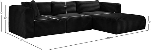 Faye 114" Black Corduroy Performance Fabric Upholstered Sectional, 3-Piece