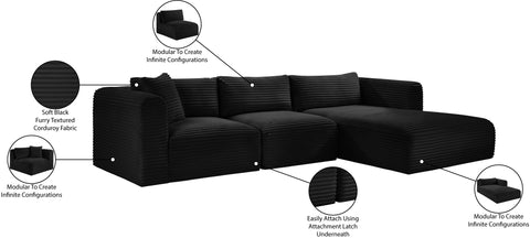 Faye 114" Black Corduroy Performance Fabric Upholstered Sectional, 3-Piece