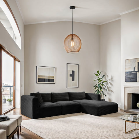 Faye 114" Black Corduroy Performance Fabric Upholstered Sectional, 3-Piece