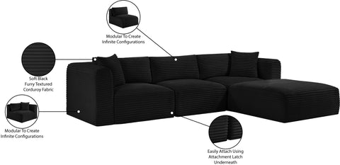 Faye 109" Black Corduroy Performance Fabric Upholstered Sectional, 4-Piece