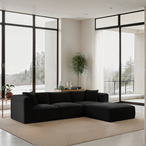 Faye 109" Black Corduroy Performance Fabric Upholstered Sectional, 4-Piece