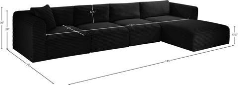 Faye 145" Black Corduroy Performance Fabric Upholstered Sectional, 4-Piece