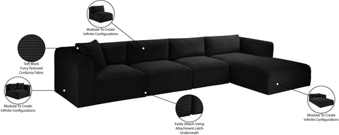 Faye 145" Black Corduroy Performance Fabric Upholstered Sectional, 4-Piece