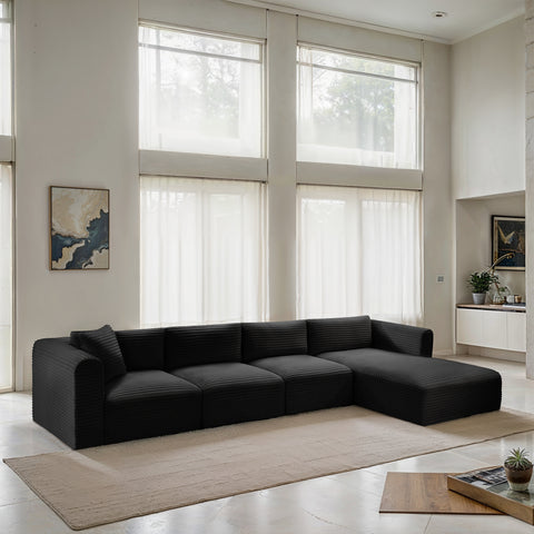 Faye 145" Black Corduroy Performance Fabric Upholstered Sectional, 4-Piece