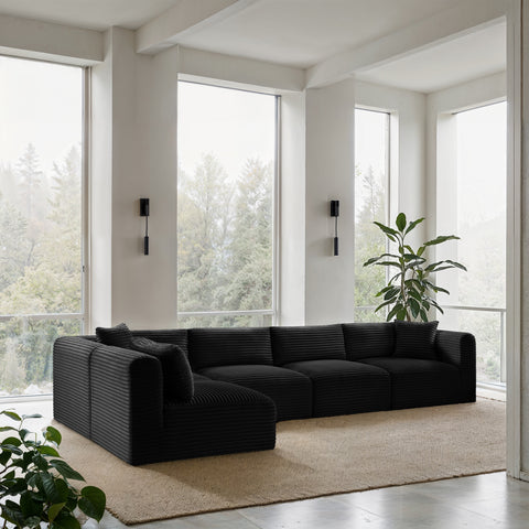 Faye 140" Black Corduroy Performance Fabric Upholstered Sectional, 5-Piece (Style 2)