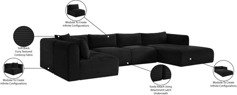 Faye 145" Black Corduroy Performance Fabric Upholstered Sectional, 5-Piece (Style 2)