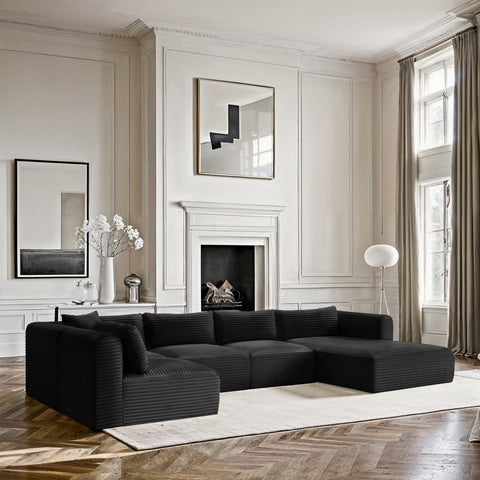 Faye 145" Black Corduroy Performance Fabric Upholstered Sectional, 5-Piece (Style 2)