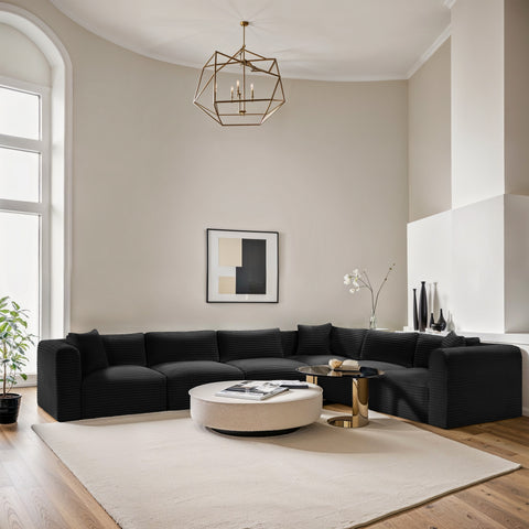 Faye 140" Black Corduroy Performance Fabric Upholstered Sectional, 6-Piece
