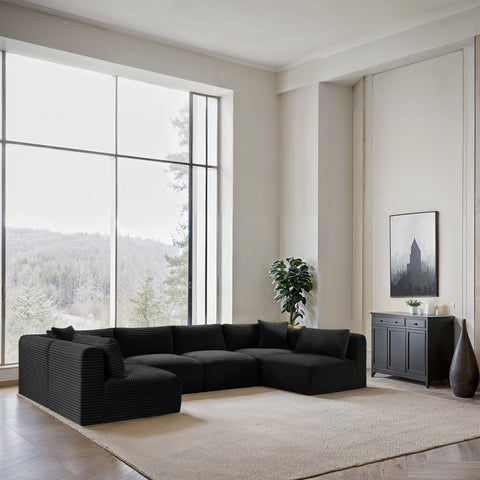 Faye 140" Black Corduroy Performance Fabric Upholstered Sectional, 6-Piece (Style 2)