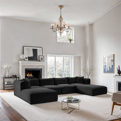 Faye 140" Black Corduroy Performance Fabric Upholstered Sectional, 6-Piece (Style 4)