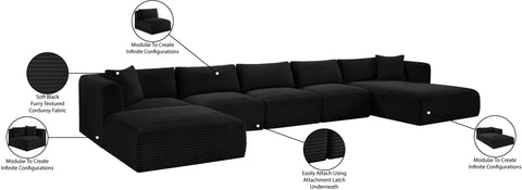 Faye 176" Black Corduroy Performance Fabric Upholstered Sectional, 6-Piece