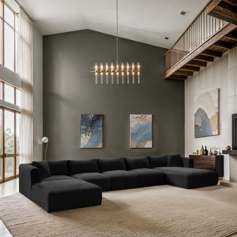 Faye 176" Black Corduroy Performance Fabric Upholstered Sectional, 6-Piece