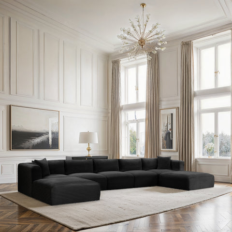 Faye 171" Black Corduroy Performance Fabric Upholstered Sectional, 7-Piece (Style 2)