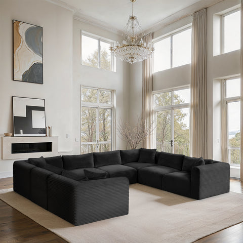 Faye 140" Black Corduroy Performance Fabric Upholstered Sectional, 8-Piece