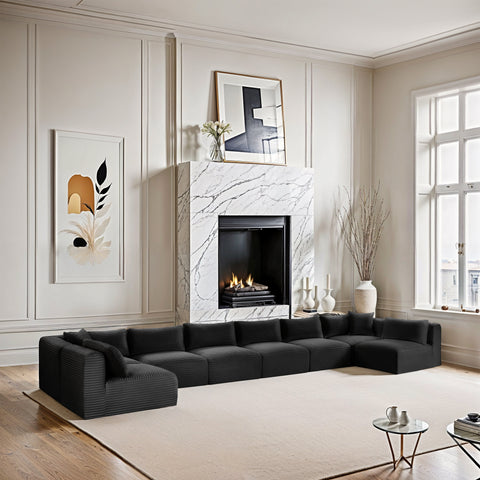 Faye 202" Black Corduroy Performance Fabric Upholstered Sectional, 8-Piece