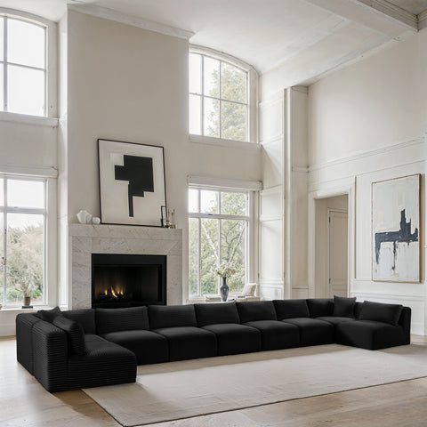 Faye 233" Black Corduroy Performance Fabric Upholstered Sectional, 9-Piece