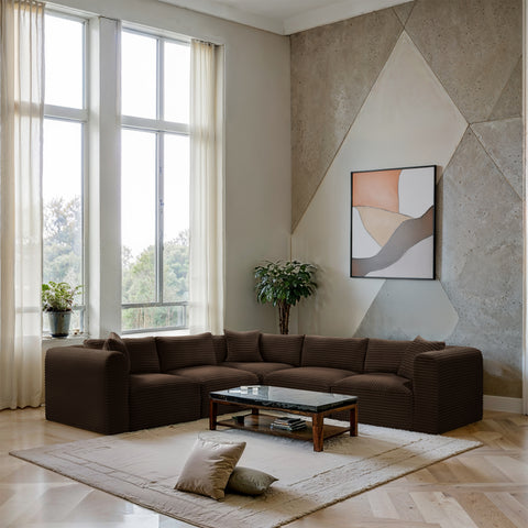 Faye 109" Brown Corduroy Performance Fabric Upholstered Sectional, 5-Piece
