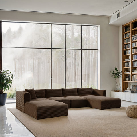 Faye 145" Brown Corduroy Performance Fabric Upholstered Sectional, 5-Piece