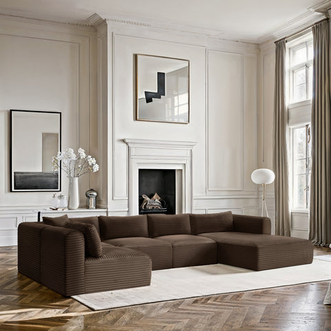 Faye 145" Brown Corduroy Performance Fabric Upholstered Sectional, 5-Piece (Style 2)