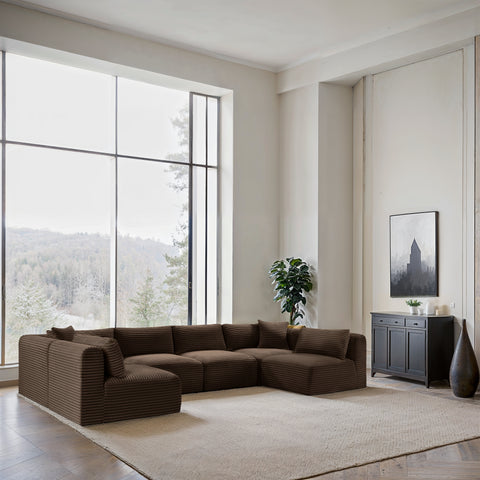 Faye 140" Brown Corduroy Performance Fabric Upholstered Sectional, 6-Piece (Style 2)