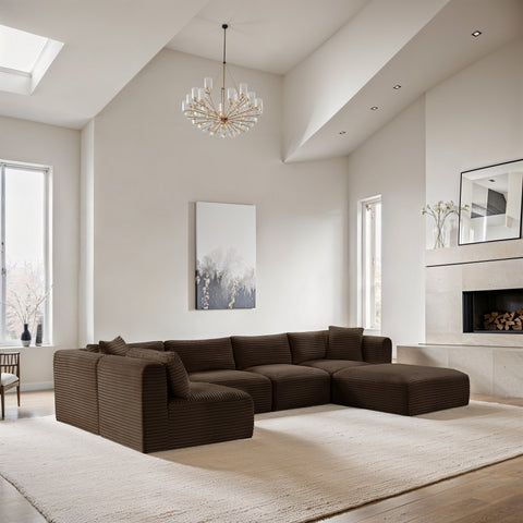 Faye 140" Brown Corduroy Performance Fabric Upholstered Sectional, 6-Piece (Style 3)