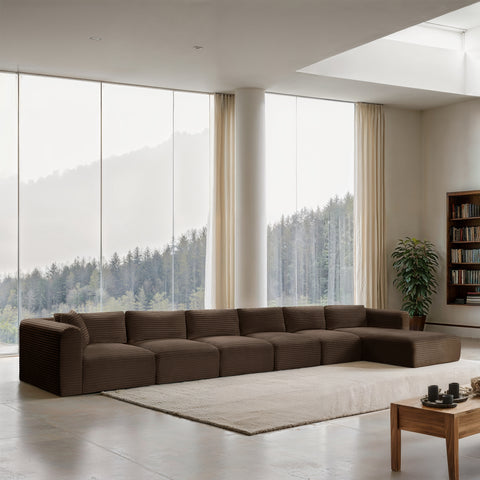 Faye 207" Brown Corduroy Performance Fabric Upholstered Sectional, 6-Piece