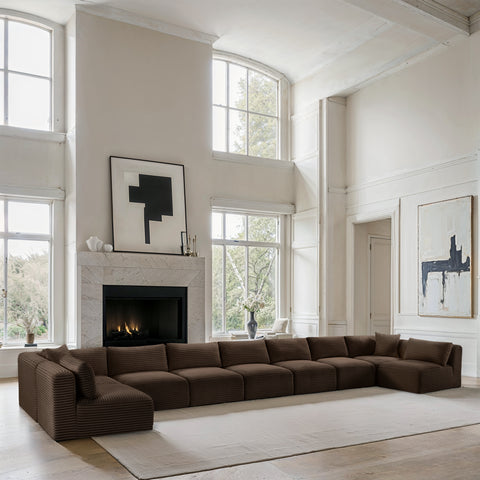 Faye 233" Brown Corduroy Performance Fabric Upholstered Sectional, 9-Piece