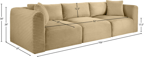 Faye 109" Camel Corduroy Performance Fabric Upholstered Sofa, 3-Piece