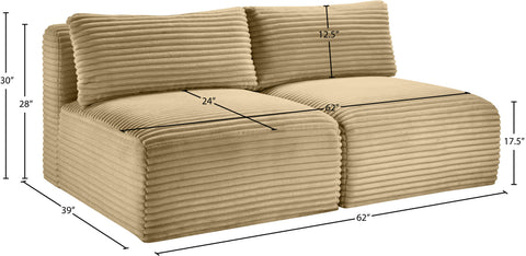 Faye 62" Camel Corduroy Performance Fabric Upholstered Armless Loveseat, 2-Piece