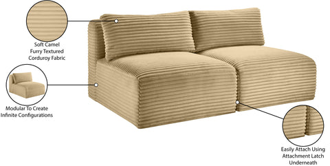 Faye 62" Camel Corduroy Performance Fabric Upholstered Armless Loveseat, 2-Piece