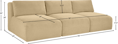 Faye 93" Camel Corduroy Performance Fabric Upholstered Armless Sofa, 3-Piece