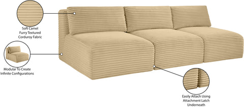 Faye 93" Camel Corduroy Performance Fabric Upholstered Armless Sofa, 3-Piece