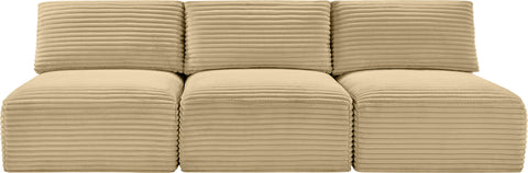 Faye 93" Camel Corduroy Performance Fabric Upholstered Armless Sofa, 3-Piece