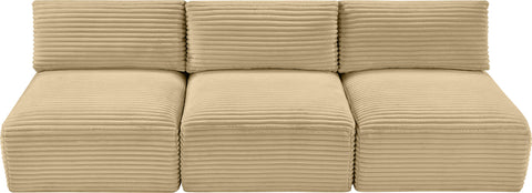 Faye 93" Camel Corduroy Performance Fabric Upholstered Armless Sofa, 3-Piece