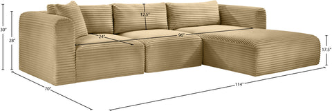 Faye 114" Camel Corduroy Performance Fabric Upholstered Sectional, 3-Piece