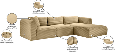 Faye 114" Camel Corduroy Performance Fabric Upholstered Sectional, 3-Piece
