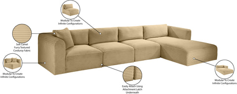 Faye 145" Camel Corduroy Performance Fabric Upholstered Sectional, 4-Piece