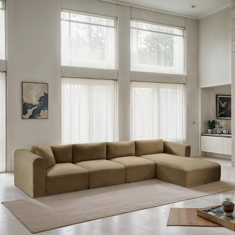 Faye 145" Camel Corduroy Performance Fabric Upholstered Sectional, 4-Piece