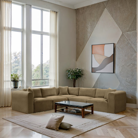 Faye 109" Camel Corduroy Performance Fabric Upholstered Sectional, 5-Piece