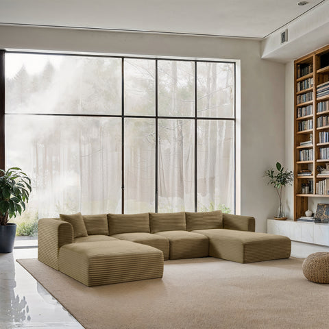 Faye 145" Camel Corduroy Performance Fabric Upholstered Sectional, 5-Piece