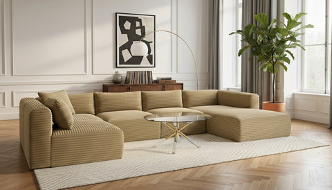 Faye 145" Camel Corduroy Performance Fabric Upholstered Sectional, 5-Piece (Style 2)